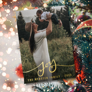 3 Photo Navy Blue Golden Joy Brush Script Gold Foil Holiday Card