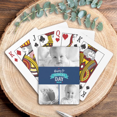 3 Photo Navy Happy 1st Fathers Day Custom Modern Poker Cards