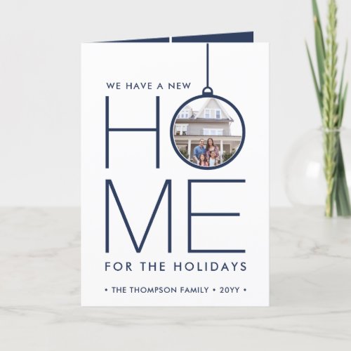 3 Photo New Home Address Modern Navy Blue Moving Holiday Card - There's no place like a new home for the holidays! Share the joyful news of your new address as well as three of your favorite photos with this elegant navy blue and white holiday moving announcement folded card. Pictures and text on this template are simple to customize. (IMAGE PLACEMENT TIP:  An easy way to center a photo exactly how you want is to crop it before uploading to the Zazzle website.) Design features a modern minimalist ornament, chic typography name, and 3 pictures of your choice. Family and friends will love displaying this stylish personalized change of address card.