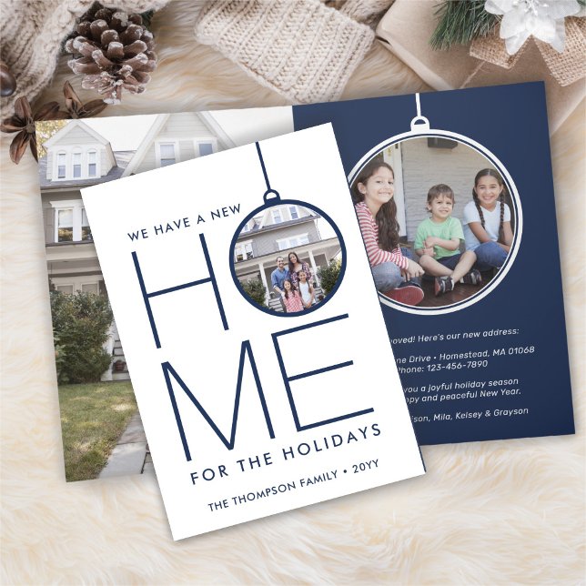 3 Photo New Home Christmas Ornament Navy & White Holiday Card (Creator Uploaded)