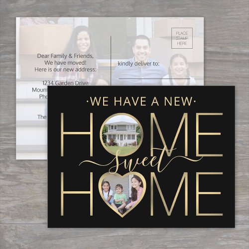 3 Photo New Home Sweet Home Modern Black and Gold Announcement Postcard