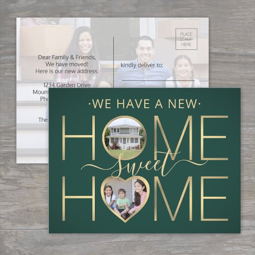 3 Photo New Home Sweet Home Modern Green and Gold Announcement Postcard