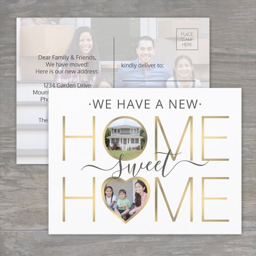 3 Photo New Home Sweet Home Modern White Gold Gray Announcement Postcard