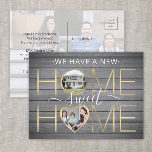 3 Photo New Home Sweet Home Rustic Faux Wood Gold Announcement Postcard