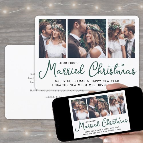 3 Photo Newlyweds 1st Married Christmas Green Holiday Card