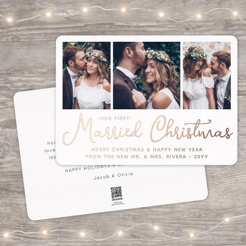 3 Photo Newlyweds 1st Married Christmas Script Foil Holiday Card