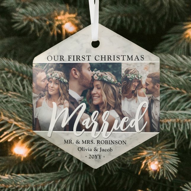 3 Photo Newlyweds 1st Xmas Married Faux Marble Glass Ornament (Creator Uploaded)