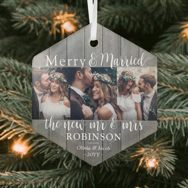 3 Photo Newlyweds Merry & Married Gray Faux Wood Glass Ornament (Creator Uploaded)