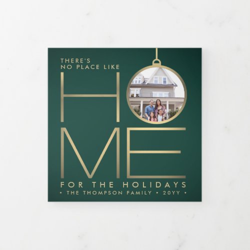 3 Photo No Place Like Home Modern Green  Gold Tri_Fold Holiday Card
