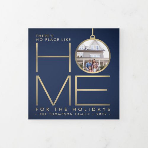 3 Photo No Place Like Home Modern Navy Blue  Gold Tri_Fold Holiday Card