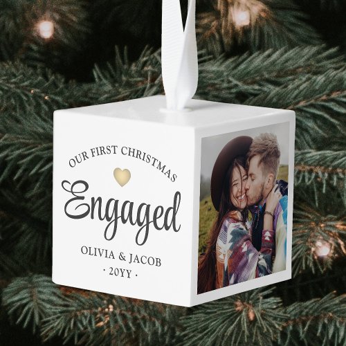 3 Photo Our First Christmas Engaged Elegant Script Cube Ornament