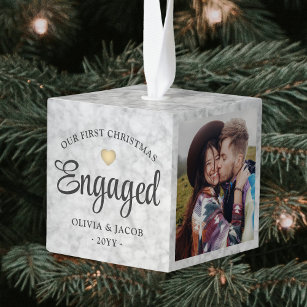 3 Photo Our First Christmas Engaged Faux Marble Cube Ornament