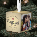 3 Photo Our First Christmas Engaged Gold Faux Foil Cube Ornament<br><div class="desc">Celebrate the joyful 1st holiday of your engagement with a custom 3 photo collage "Our First Christmas Engaged" cube ornament. All wording and pictures on this template are simple to personalize. (IMAGE PLACEMENT TIP: An easy way to center a photo exactly how you want is to crop it before uploading...</div>