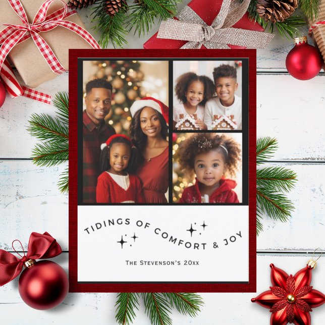 3 Photo Personalized Holiday Comfort and Joy Postcard (Creator Uploaded)