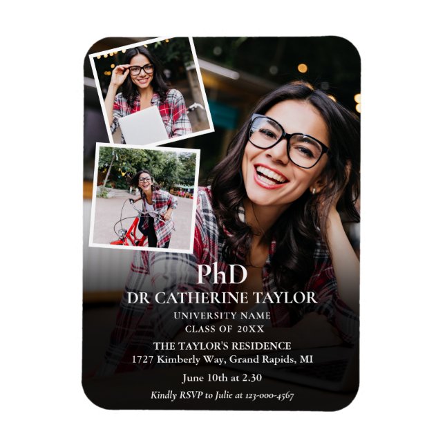 3 Photo PhD Degree Graduation Party Invitation Magnet (Vertical)