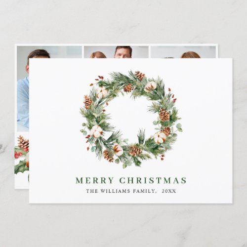 3 PHOTO Pine Cones Wreath Merry Christmas Greeting Holiday Card