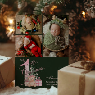 3 Photo  Pink Green Baby First Christmas Holiday Card