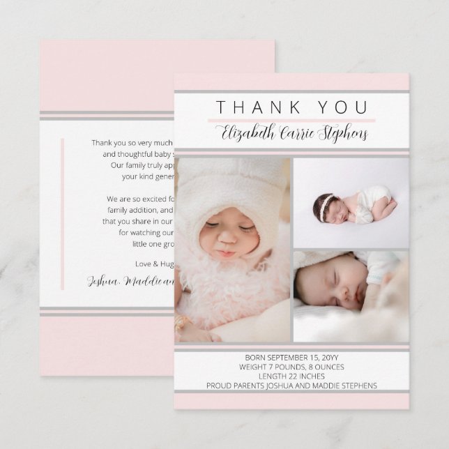 3 Photo Pink White Baby Shower |Birth Announcement (Front/Back)