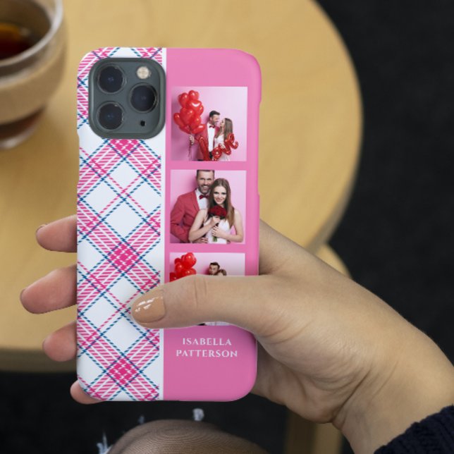3 Photo Preppy Pink Plaid Modern Girly Custom Name Case-Mate iPhone Case (Creator Uploaded)