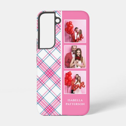 3 Photo Preppy Pink Plaid Modern Girly Custom Name Samsung Galaxy S22 Case