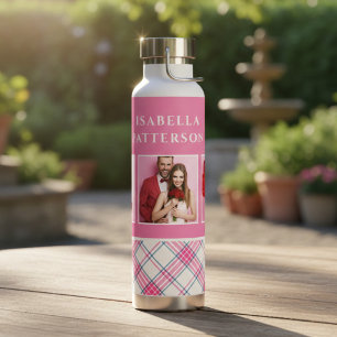 3 Photo Preppy Pink Plaid Modern Girly Custom Name Water Bottle