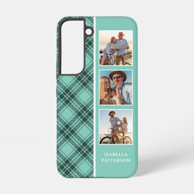3 Photo Preppy Plaid Modern Girly Custom Name Samsung Galaxy Case (Back)