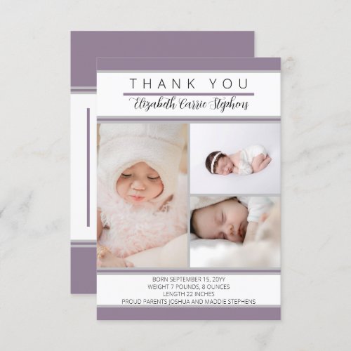3 Photo Purple Baby Shower Birth Announcemen Thank You Card