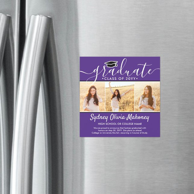 3 Photo Purple Magnetic Graduation Announcement (Creator Uploaded)