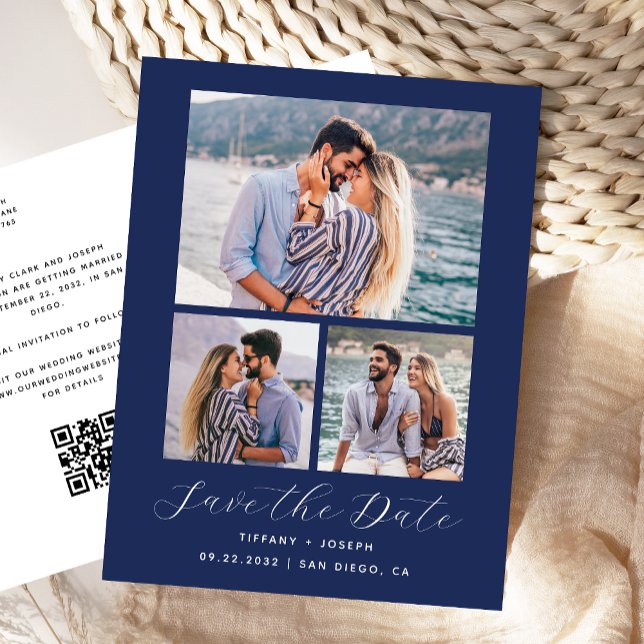 3 Photo QR Code Navy Blue Save the Date Postcard (Creator Uploaded)