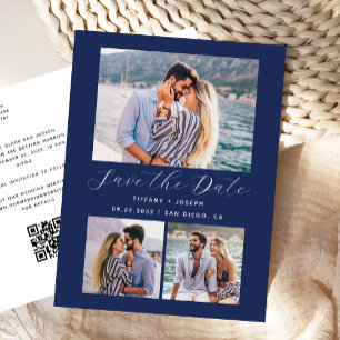3 Photo QR Code Navy Blue Save the Date Postcard
