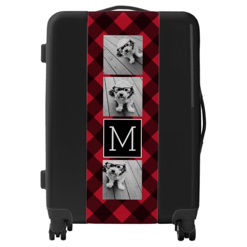 3 Photo Red Black Buffalo Plaid Pattern Monogram Luggage