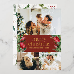 3 Photo Red Botanical Foliage Merry Christmas Foil Holiday Card