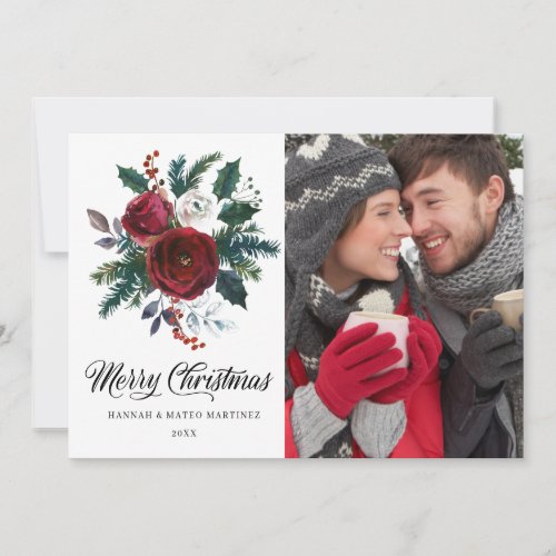 3 PHOTO Red White Floral Holly Holiday Card