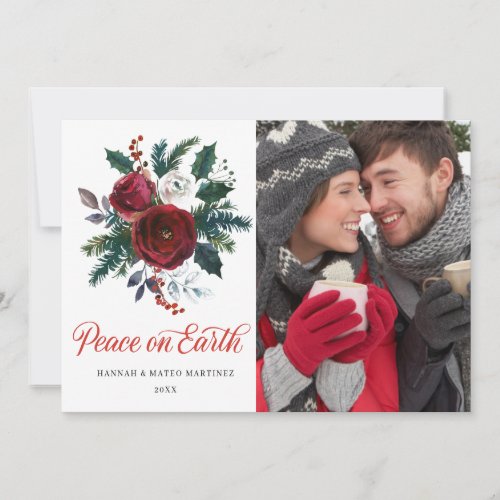 3 PHOTO Red White Floral Holly Holiday Card