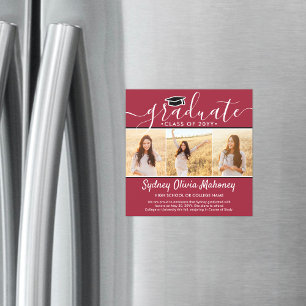 3 Photo Red White Magnetic Graduation Announcement