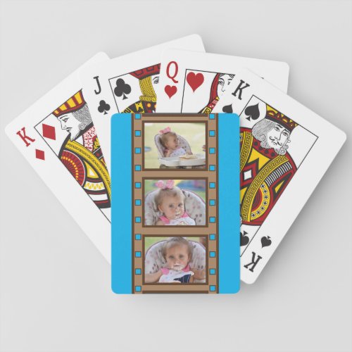 3 Photo Retro Filmstrip Blue Poker Cards