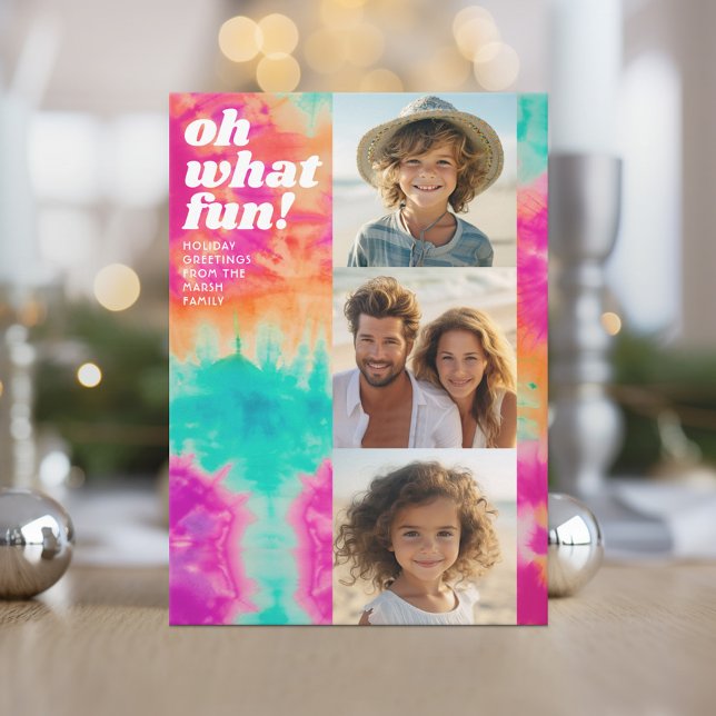3 Photo - Retro Tie Dye - Colorful Christmas Holiday Card (Retro Tie Dye Pattern Christmas Card. Add a little color to your holiday with this online photo card)