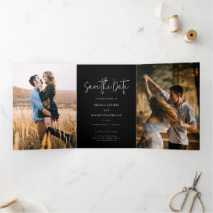 3 Photo Script Wedding Save The Date Tri-Fold Announcement