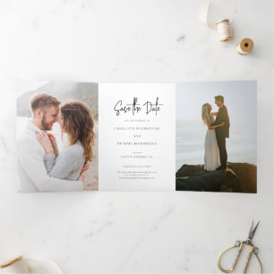 3 Photo Script Wedding Save the Date Tri-Fold Announcement