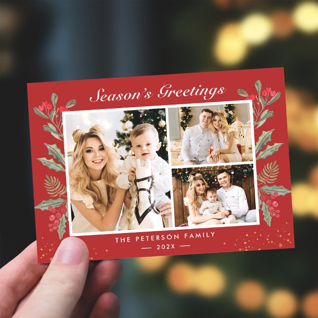 3 Photo Season's Greetings Holly Berries Christmas Holiday Card (Creator Uploaded)