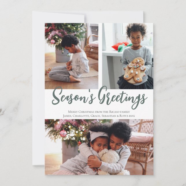 3 Photo Seasons Greetings Mistletoe Pattern Holiday Card (Front)