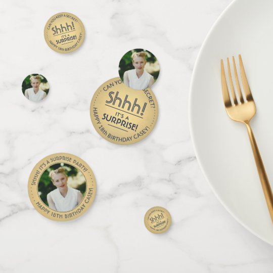 3 Photo Shhh Surprise Birthday Navy Blue Gold Confetti Zazzle Com