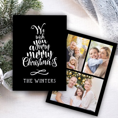 3 Photo Silver and Black Christmas Tree Lettering  Foil Holiday Card