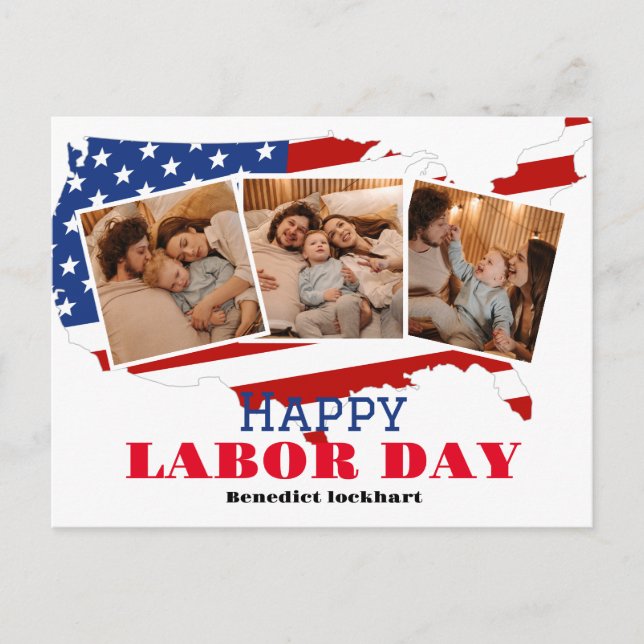3 Photo Simple Elegant Labor Day with USA flag Postcard (Front)