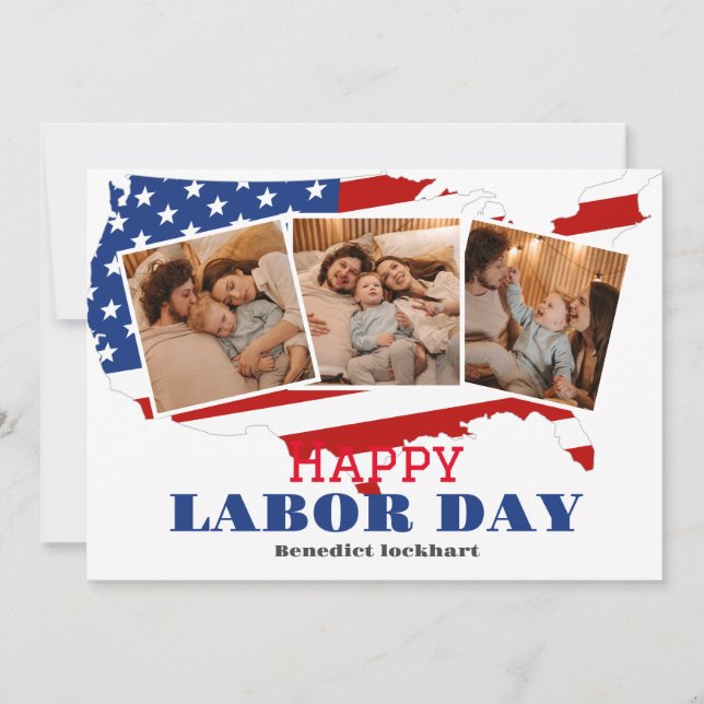 3 Photo Simple Elegant Labor Day with USA flag Thank You Card (Front)