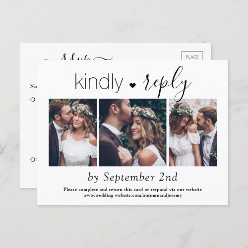 3 Photo Simple Script Elegant Wedding Kindly RSVP Invitation Postcard