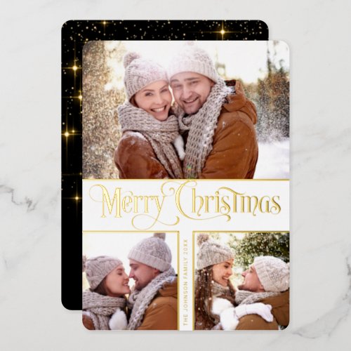 3 PHOTO Simply Elegant Sparkle Christmas Gold Foil Holiday Card