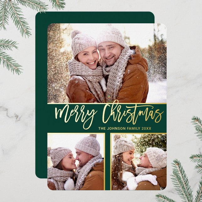 3 PHOTO Simply Elegant Sparkle Christmas Gold Foil Holiday Card (Creator Uploaded)