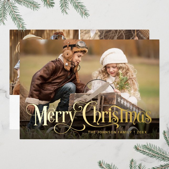 3 PHOTO Simply Elegant Sparkle Christmas Gold Foil Holiday Card (Creator Uploaded)