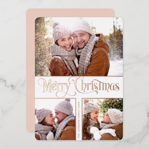 3 PHOTO Simply Elegant Sparkle Christmas Rose Gold Foil Holiday Card